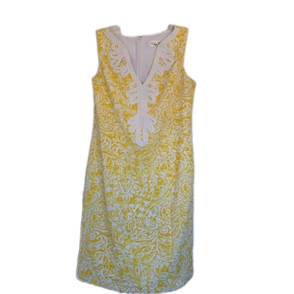 Eliza J Yellow White Paisley Lace Trim Sleeveless Shift Dress Size 6